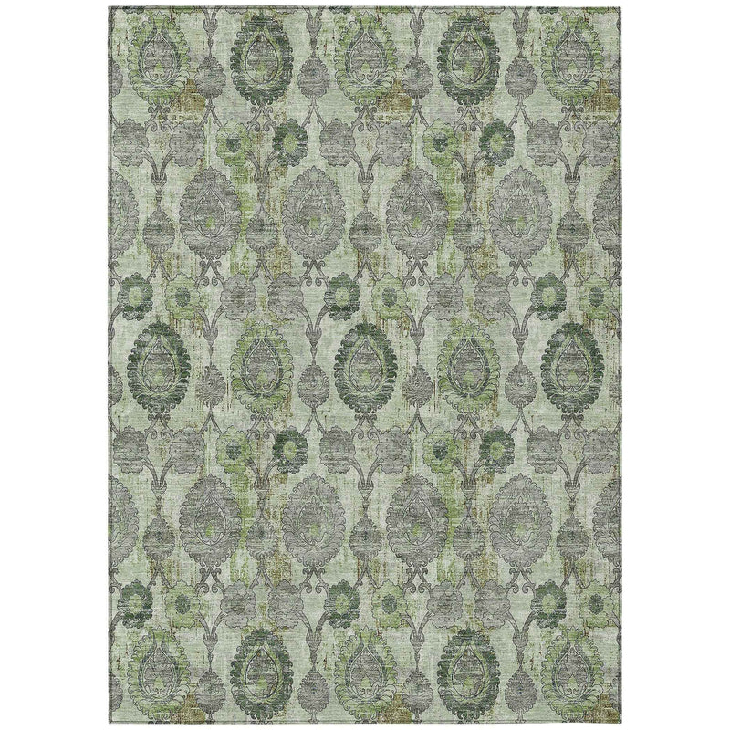 3' X 5' Artichoke Green And Fern Green Damask Washable Indoor Outdoor Area Rug