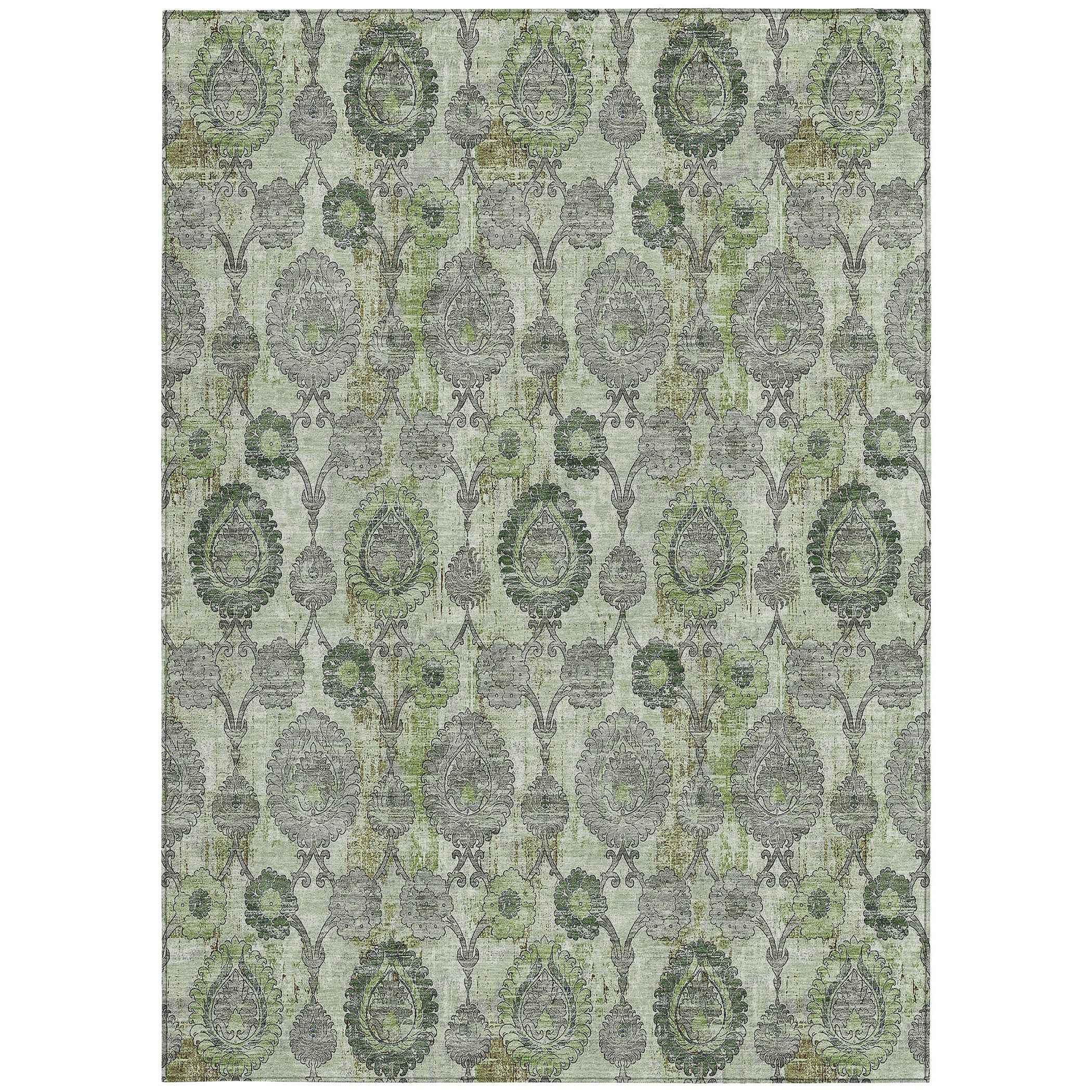 3' X 5' Artichoke Green And Fern Green Damask Washable Indoor Outdoor Area Rug