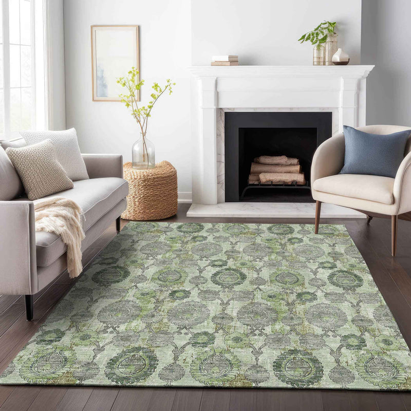 3' X 5' Artichoke Green And Fern Green Damask Washable Indoor Outdoor Area Rug