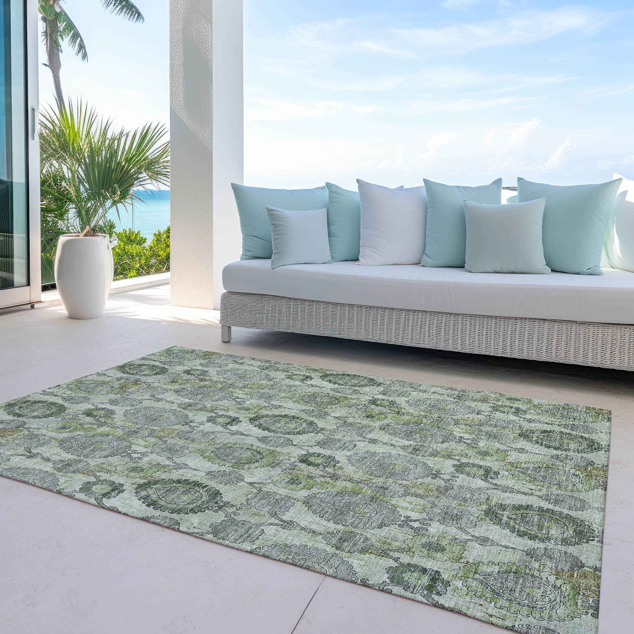 3' X 5' Artichoke Green And Fern Green Damask Washable Indoor Outdoor Area Rug