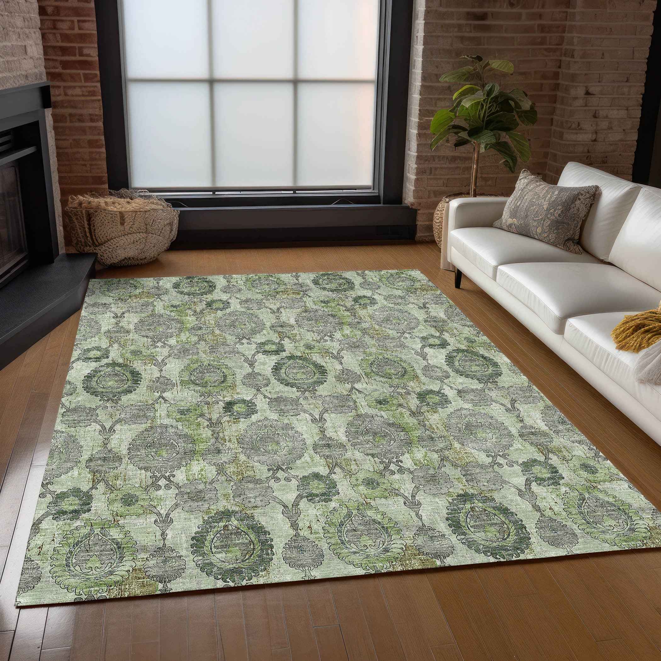 3' X 5' Artichoke Green And Fern Green Damask Washable Indoor Outdoor Area Rug