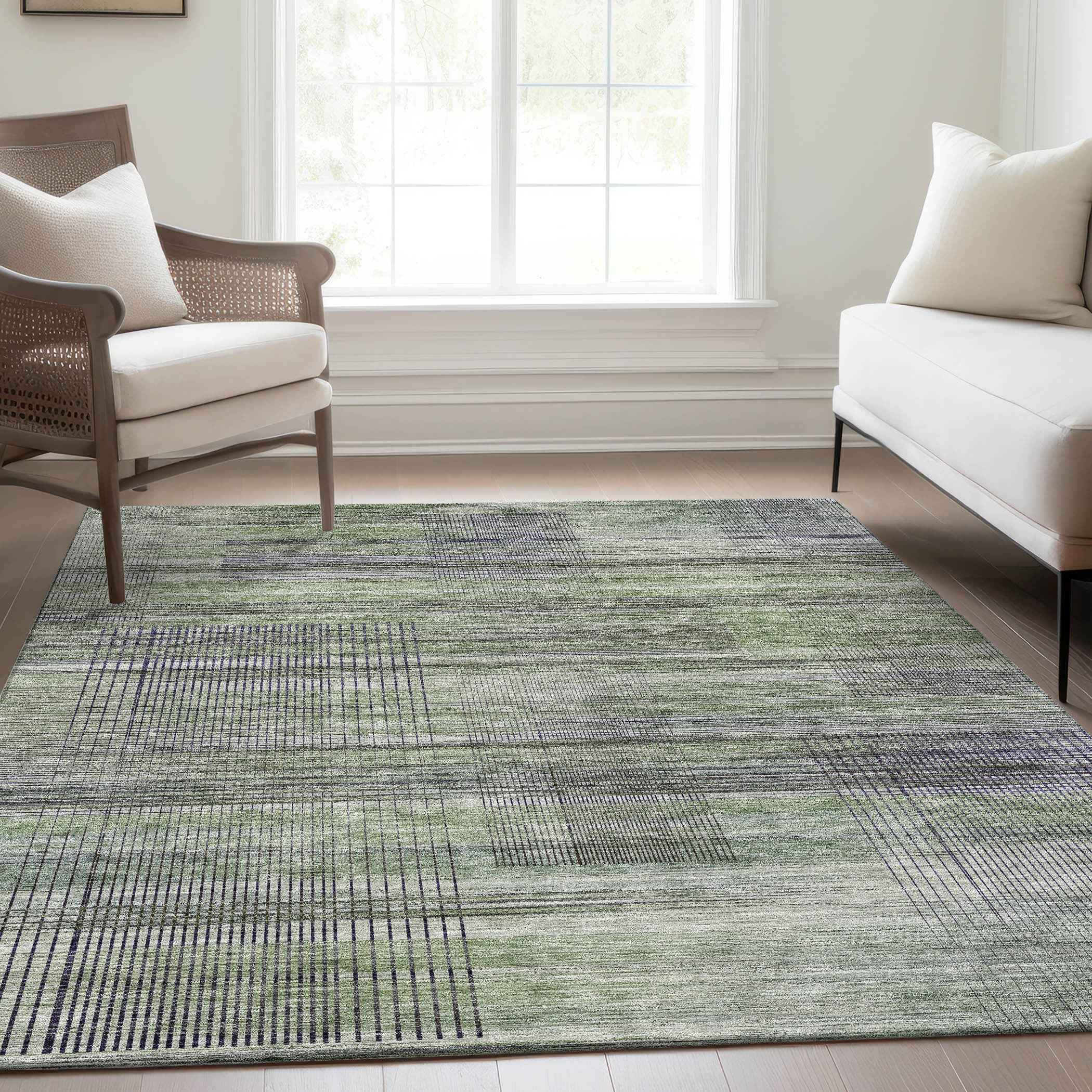 3' X 5' Artichoke Green Purple And Fern Green Striped Washable Indoor Outdoor Area Rug
