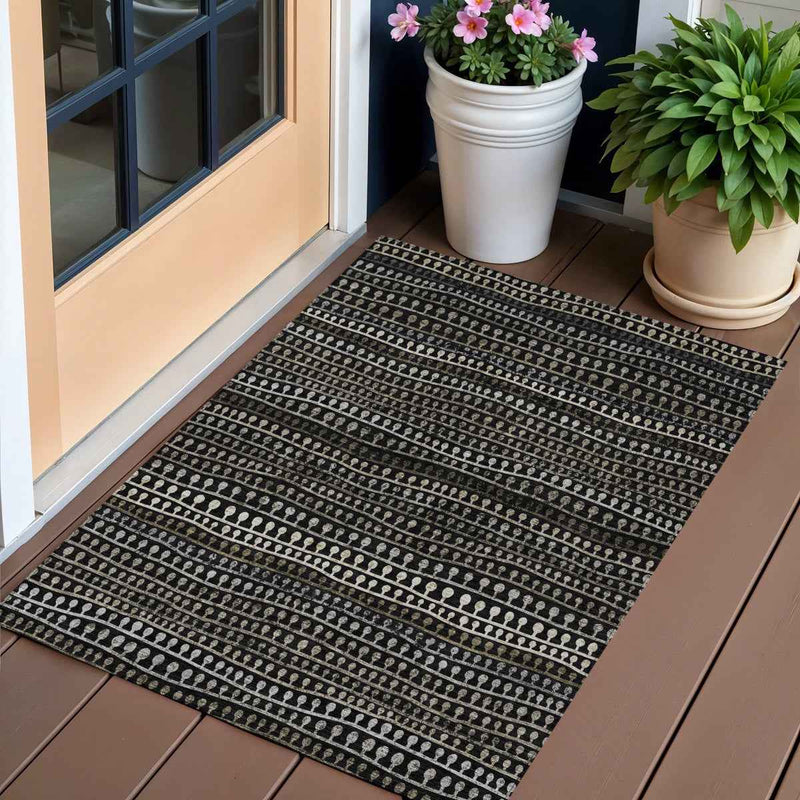 3' X 5' Taupe Charcoal And Gray Striped Washable Indoor Outdoor Area Rug