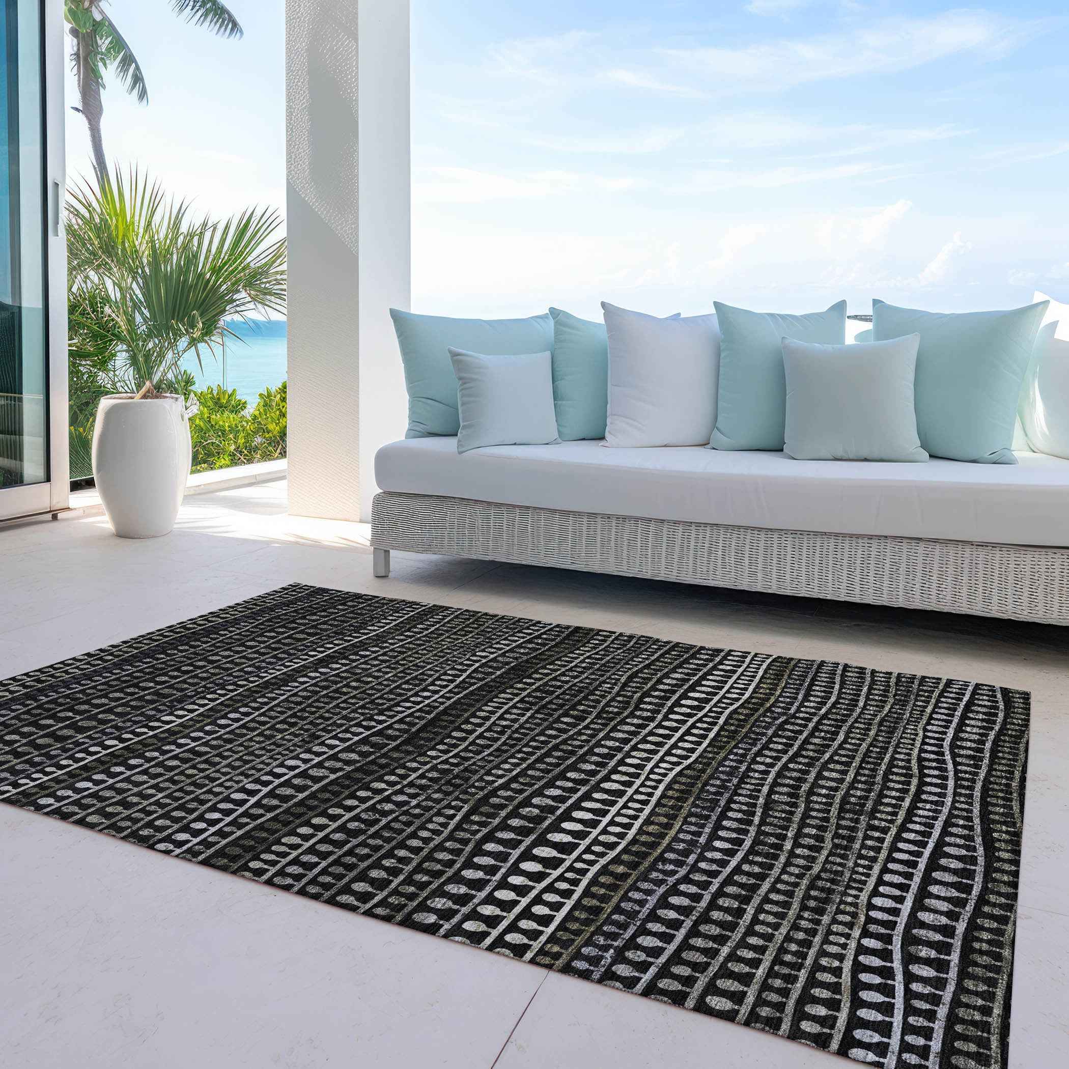 3' X 5' Taupe Charcoal And Gray Striped Washable Indoor Outdoor Area Rug