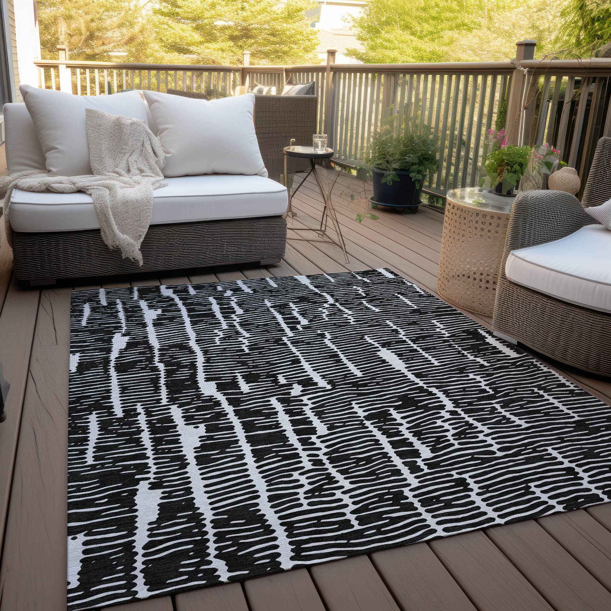 8' X 10' Black And Ivory Abstract Washable Indoor Outdoor Area Rug