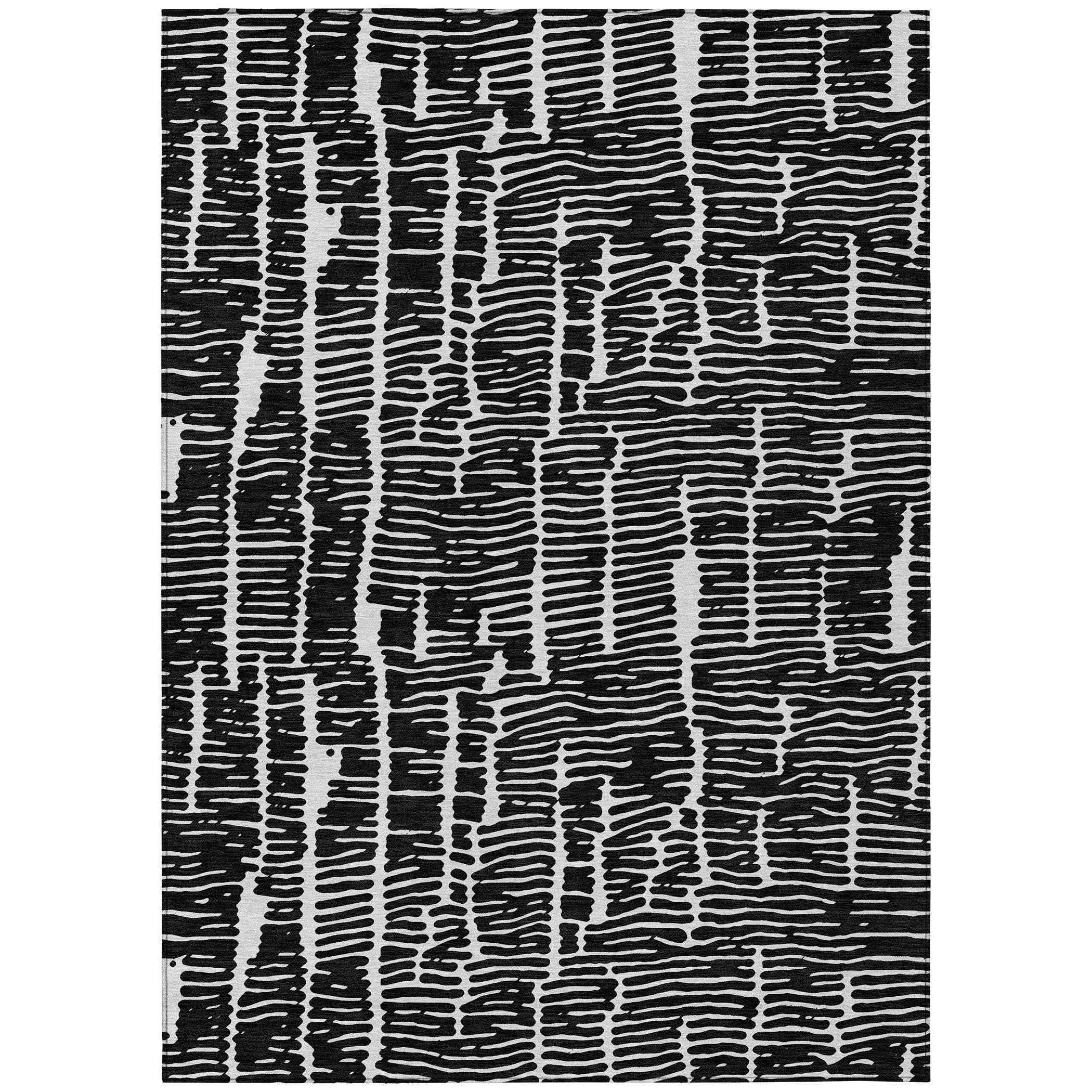 8' X 10' Black And Ivory Abstract Washable Indoor Outdoor Area Rug