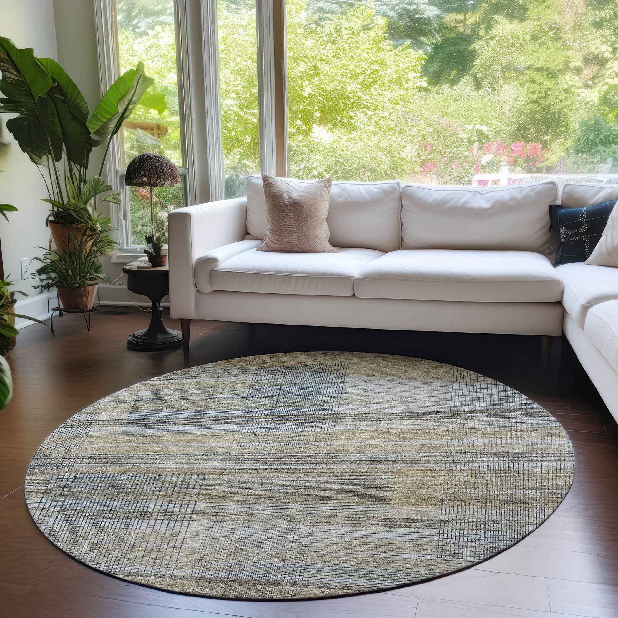 8' Khaki Tan And Beige Round Striped Washable Indoor Outdoor Area Rug
