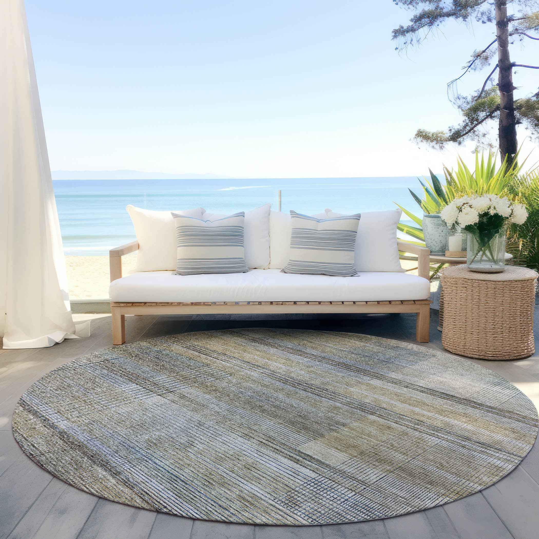 8' Khaki Tan And Beige Round Striped Washable Indoor Outdoor Area Rug