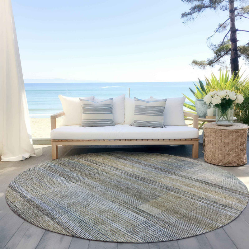 8' Khaki Tan And Beige Round Striped Washable Indoor Outdoor Area Rug