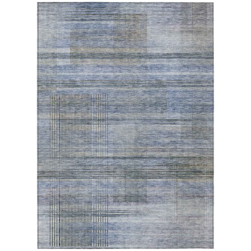 9' X 12' Denim Blue And Sky Blue Striped Washable Indoor Outdoor Area Rug