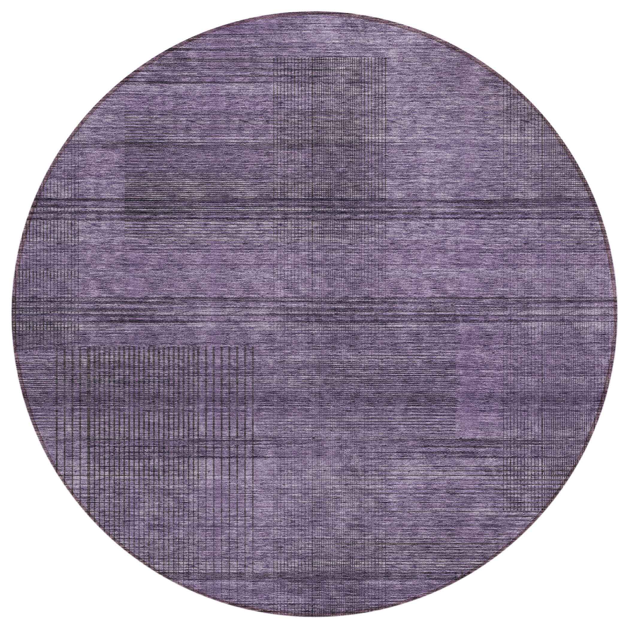 8' Plum Purple And Gray Round Striped Washable Indoor Outdoor Area Rug
