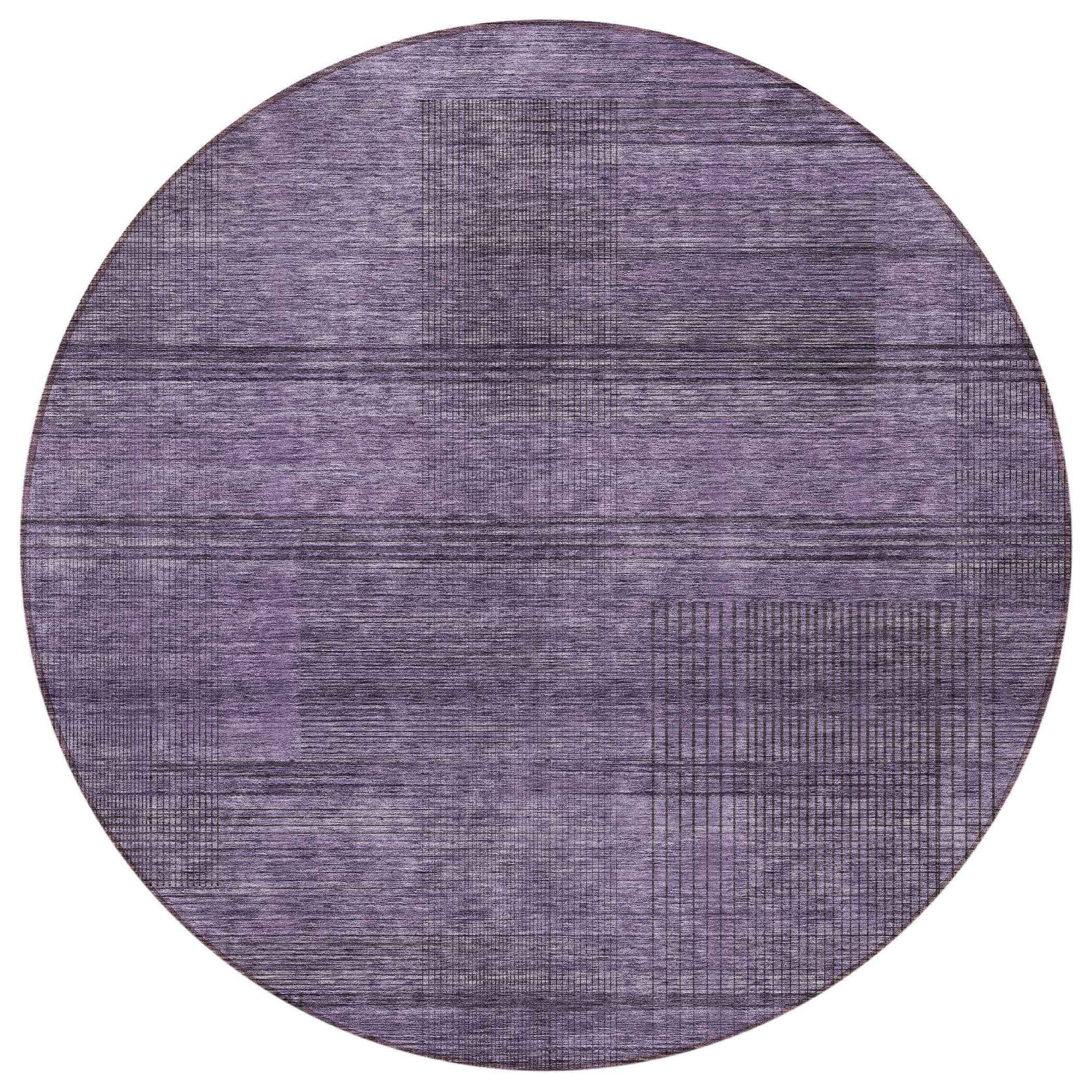 8' Plum Purple And Gray Round Striped Washable Indoor Outdoor Area Rug