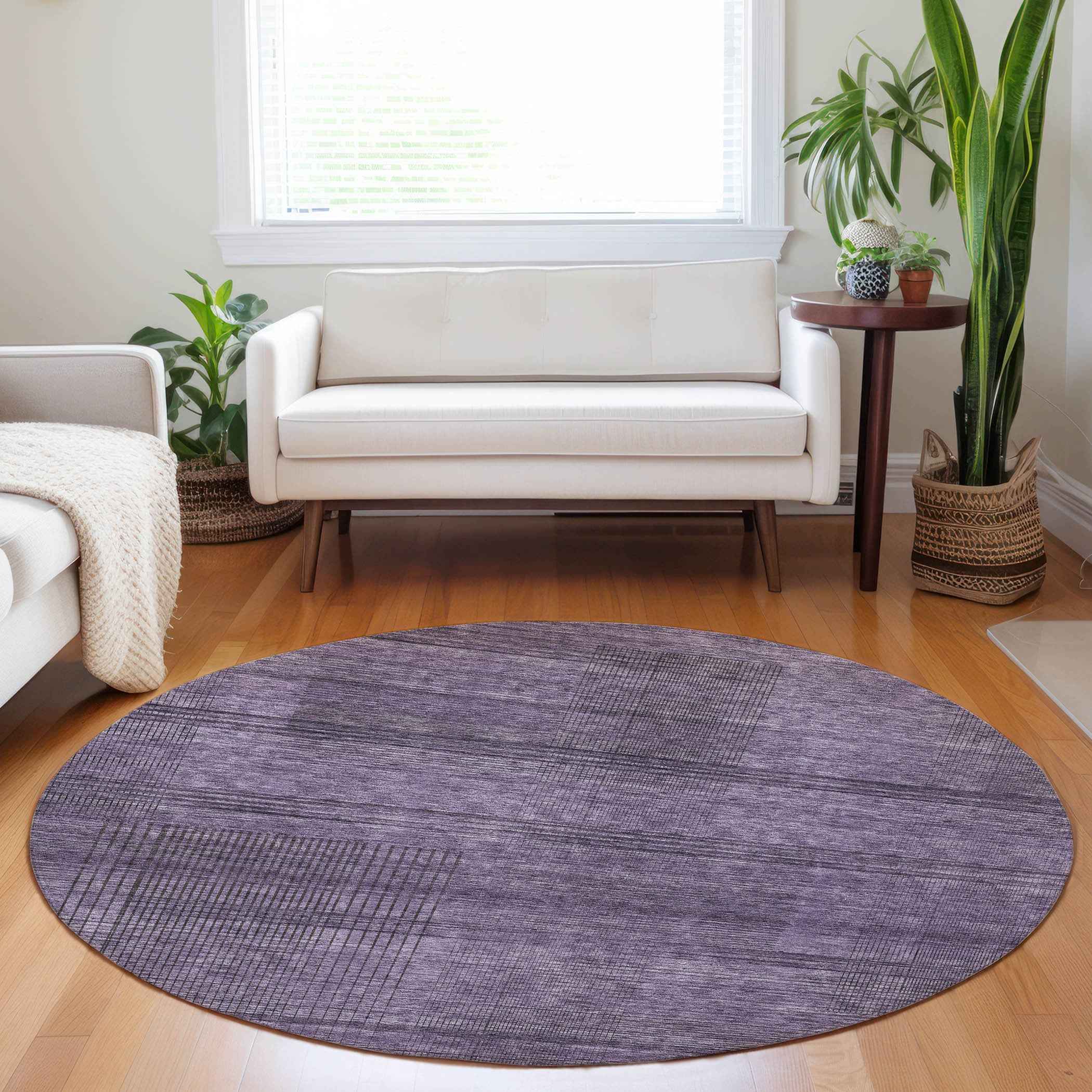 8' Plum Purple And Gray Round Striped Washable Indoor Outdoor Area Rug
