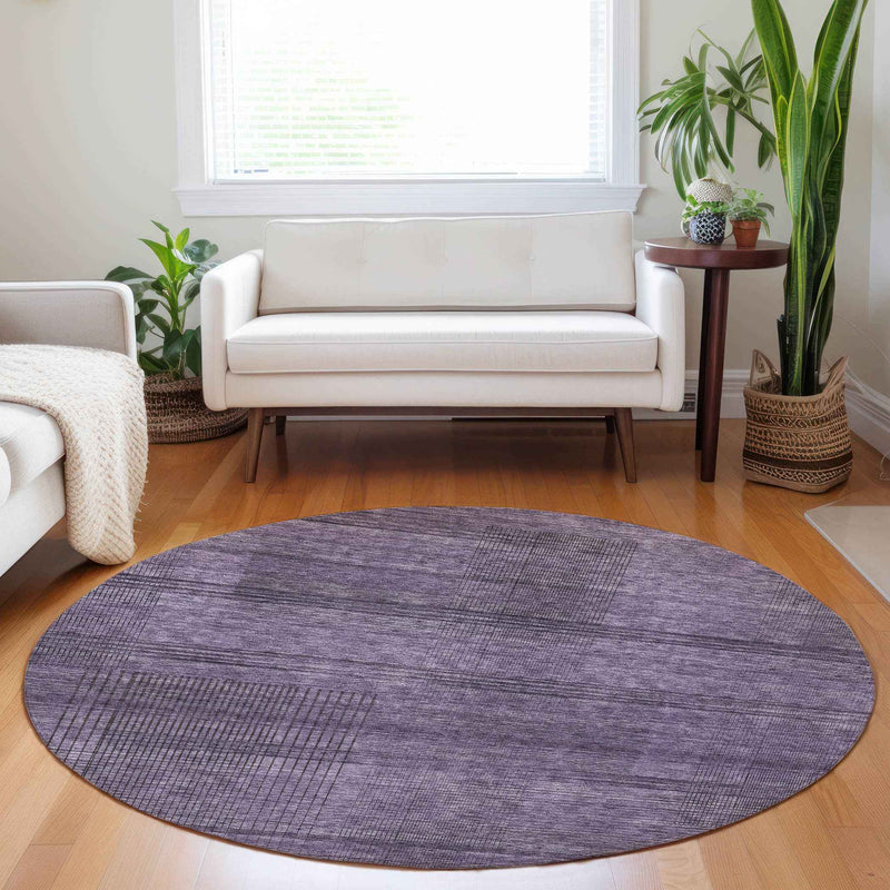 8' Plum Purple And Gray Round Striped Washable Indoor Outdoor Area Rug