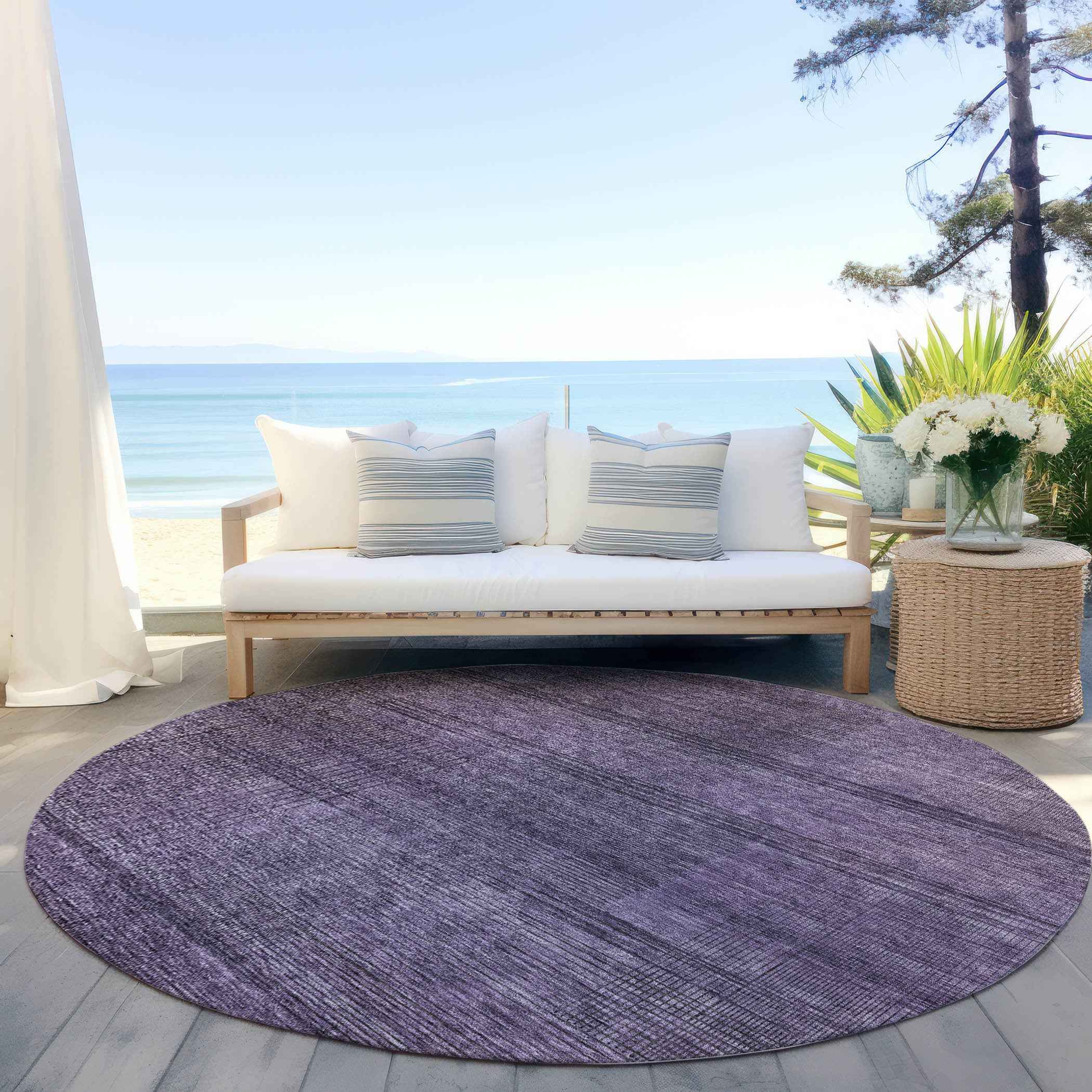 8' Plum Purple And Gray Round Striped Washable Indoor Outdoor Area Rug