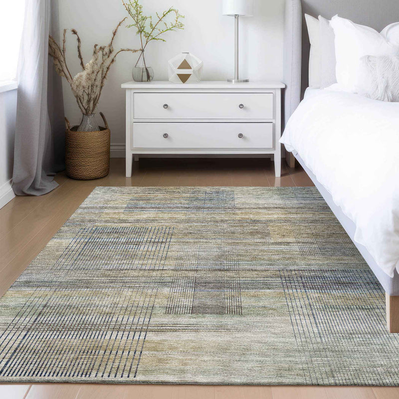 10' X 14' Khaki Tan And Beige Striped Washable Indoor Outdoor Area Rug