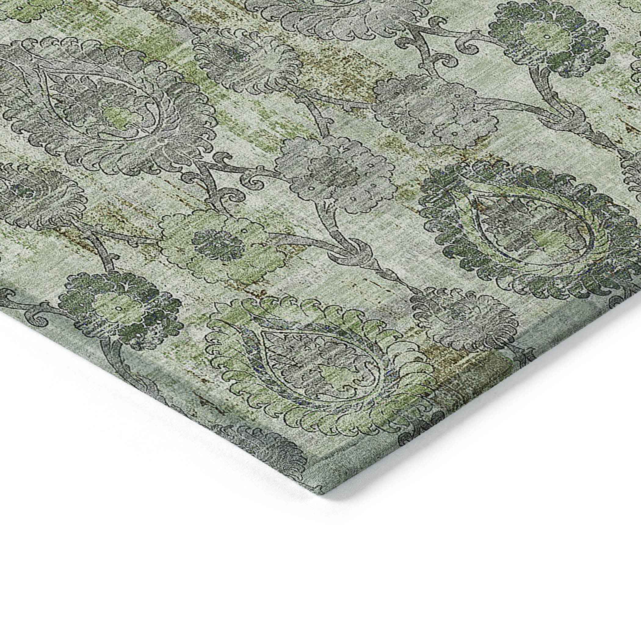 10' X 14' Artichoke Green And Fern Green Damask Washable Indoor Outdoor Area Rug