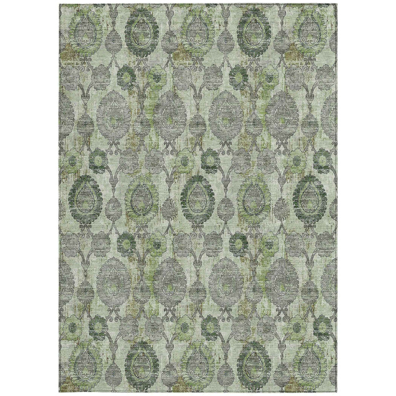 10' X 14' Artichoke Green And Fern Green Damask Washable Indoor Outdoor Area Rug