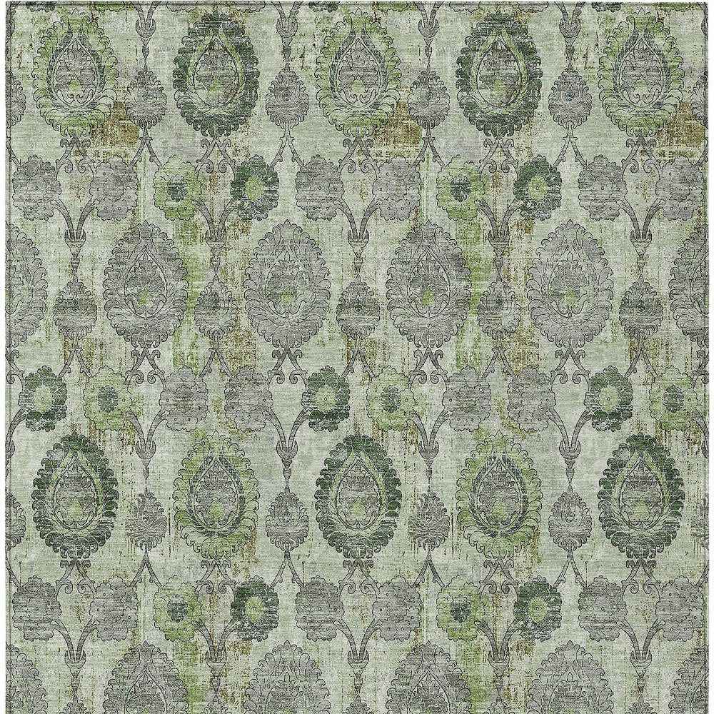 10' X 14' Artichoke Green And Fern Green Damask Washable Indoor Outdoor Area Rug