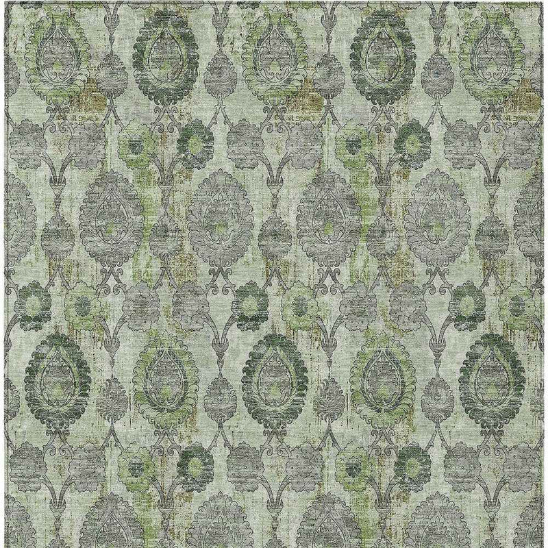 10' X 14' Artichoke Green And Fern Green Damask Washable Indoor Outdoor Area Rug