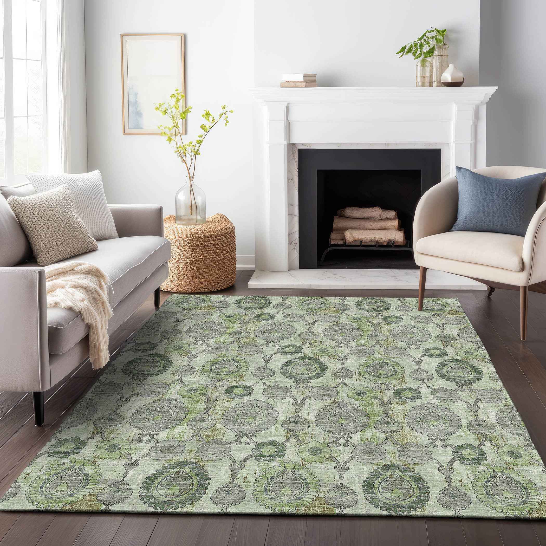 10' X 14' Artichoke Green And Fern Green Damask Washable Indoor Outdoor Area Rug