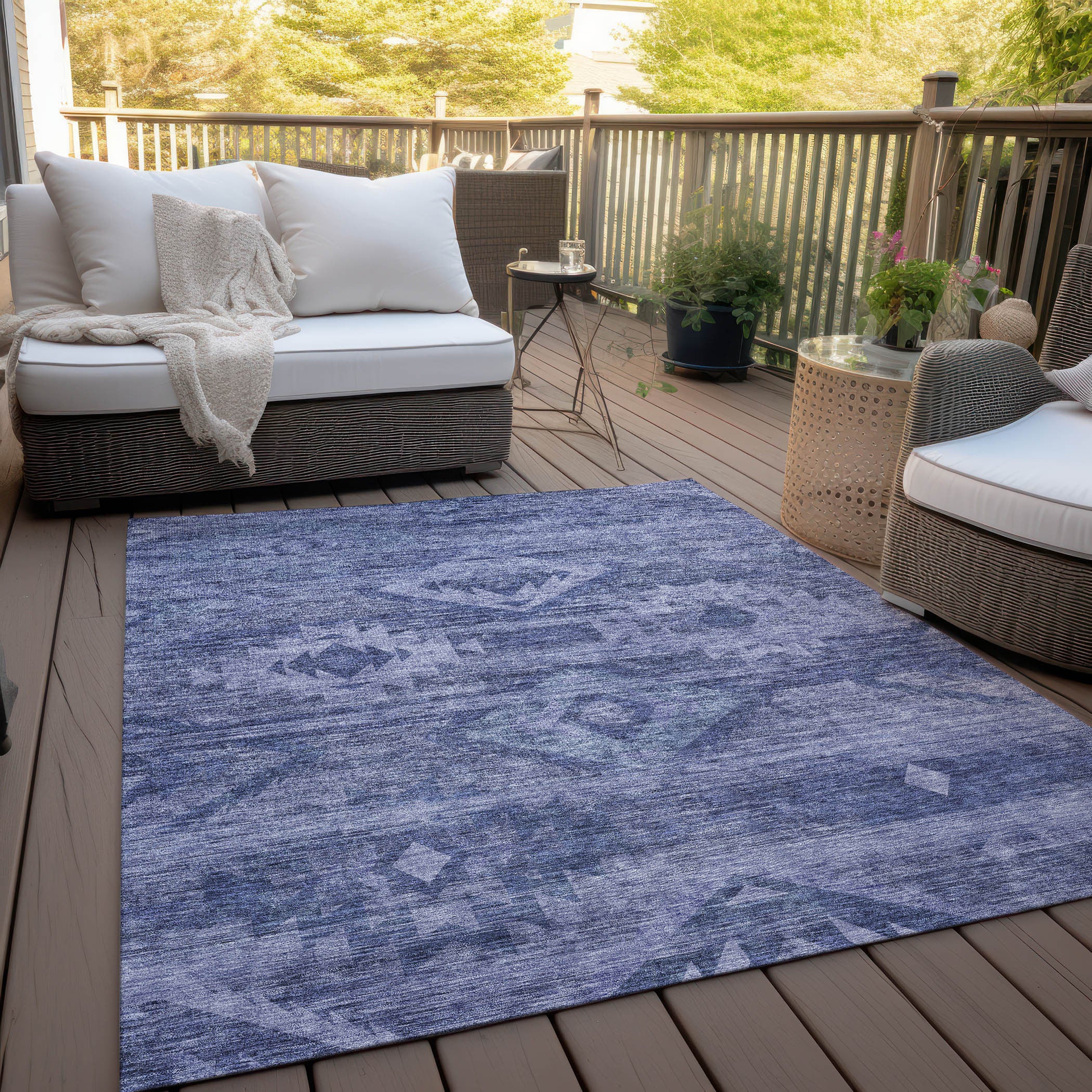 10' X 14' Navy Blue And Denim Blue Southwestern Washable Indoor Outdoor Area Rug Default Title