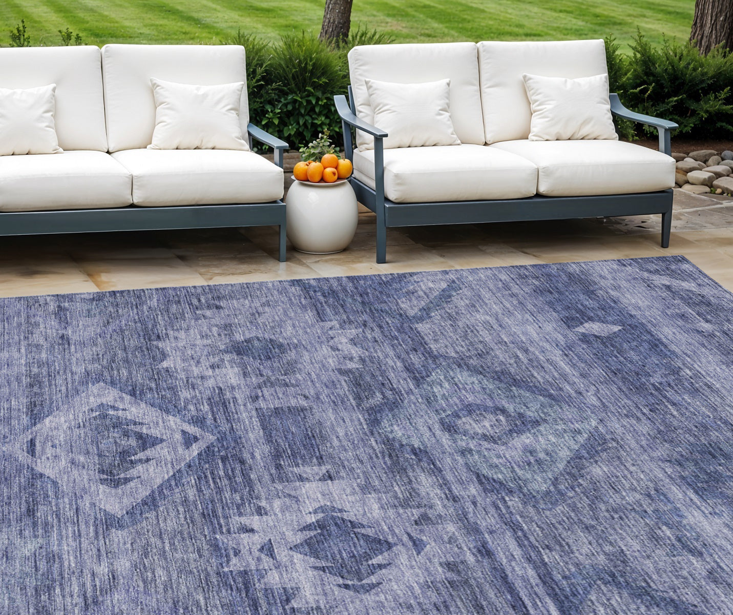 10' X 14' Navy Blue And Denim Blue Southwestern Washable Indoor Outdoor Area Rug