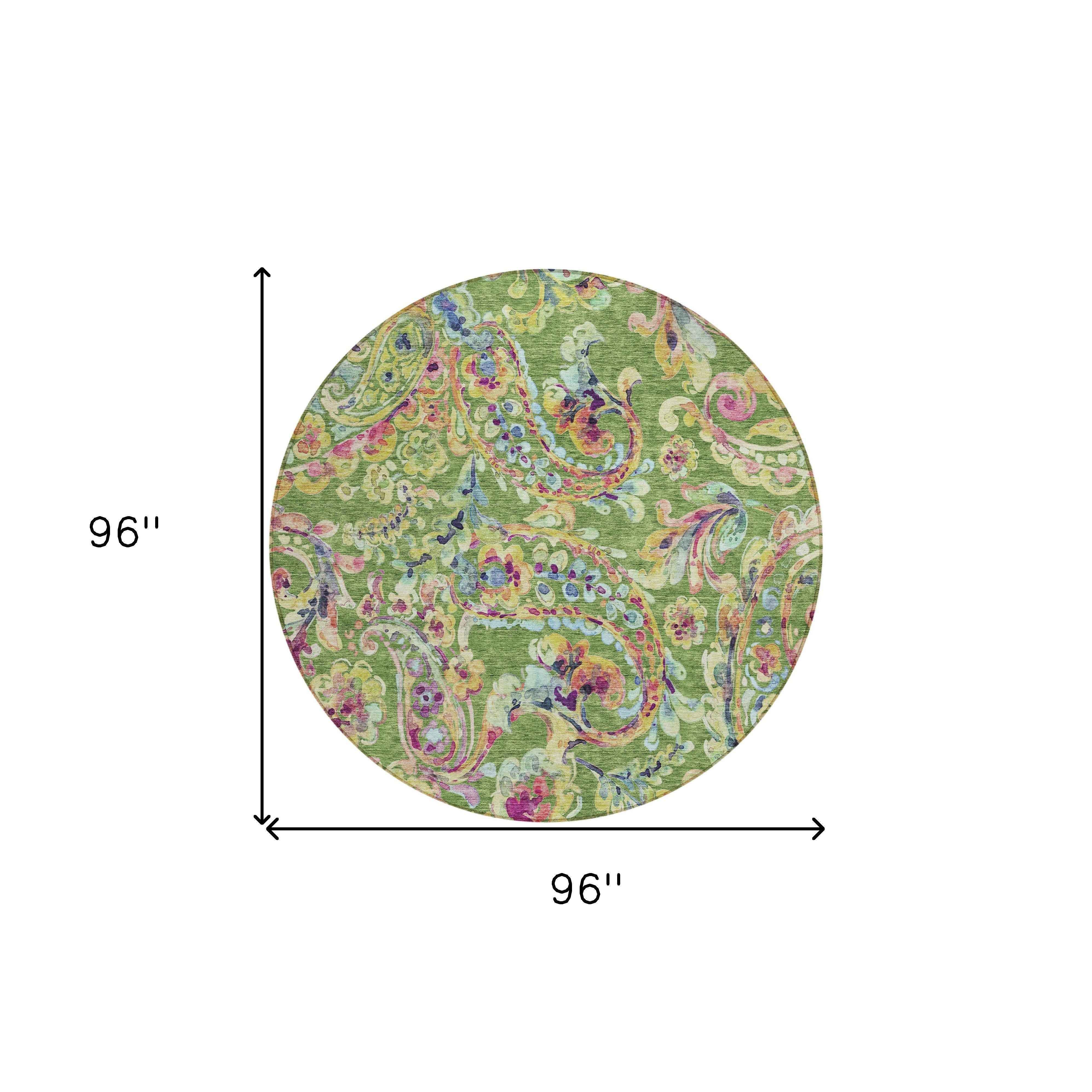 8' Fern Green And Artichoke Green Round Paisley Washable Indoor Outdoor Area Rug