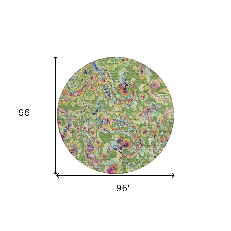 8' Fern Green And Artichoke Green Round Paisley Washable Indoor Outdoor Area Rug