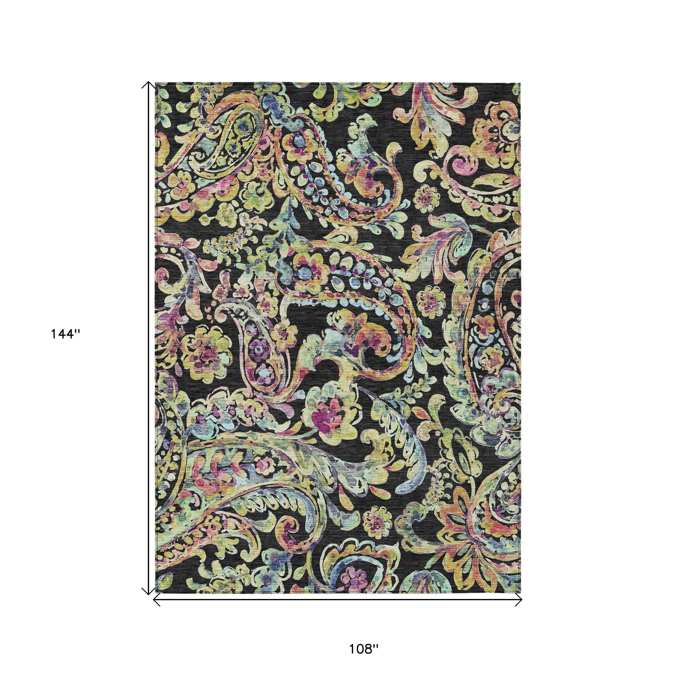 9' X 12' Black And Artichoke Green Paisley Washable Indoor Outdoor Area Rug