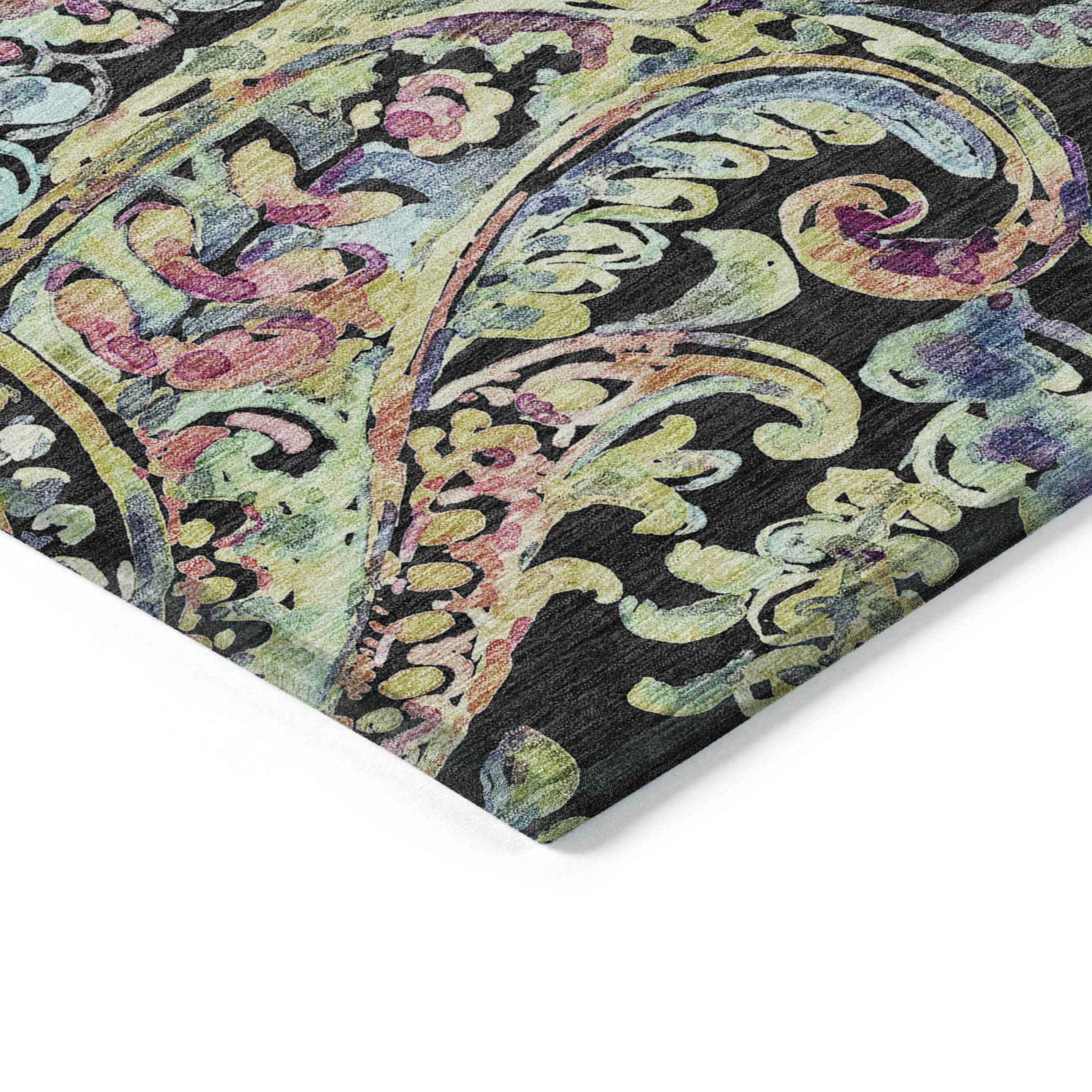 9' X 12' Black And Artichoke Green Paisley Washable Indoor Outdoor Area Rug
