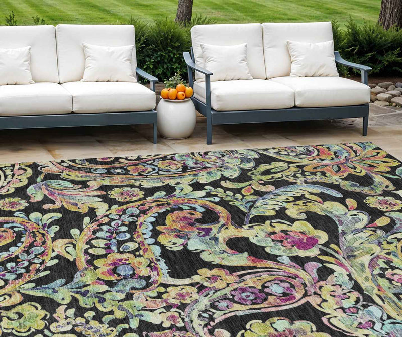 9' X 12' Black And Artichoke Green Paisley Washable Indoor Outdoor Area Rug