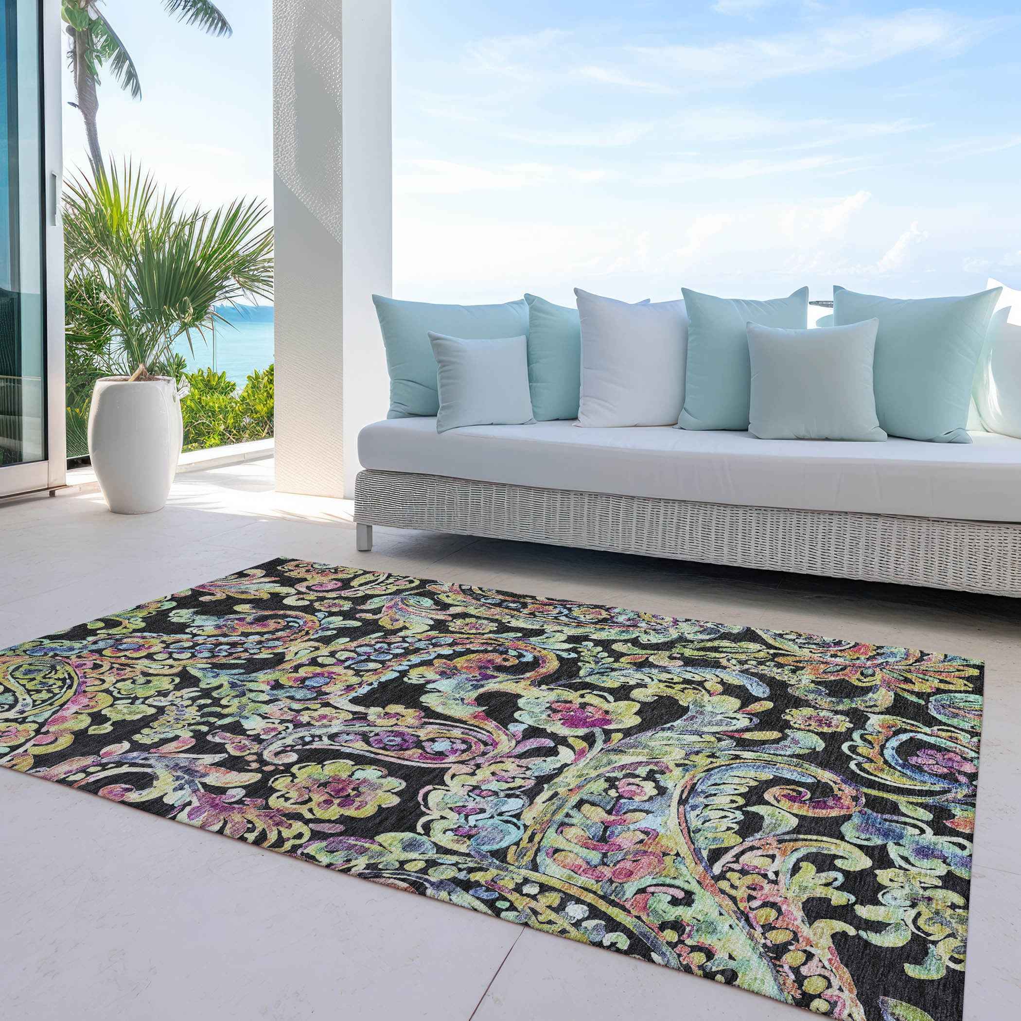 9' X 12' Black And Artichoke Green Paisley Washable Indoor Outdoor Area Rug