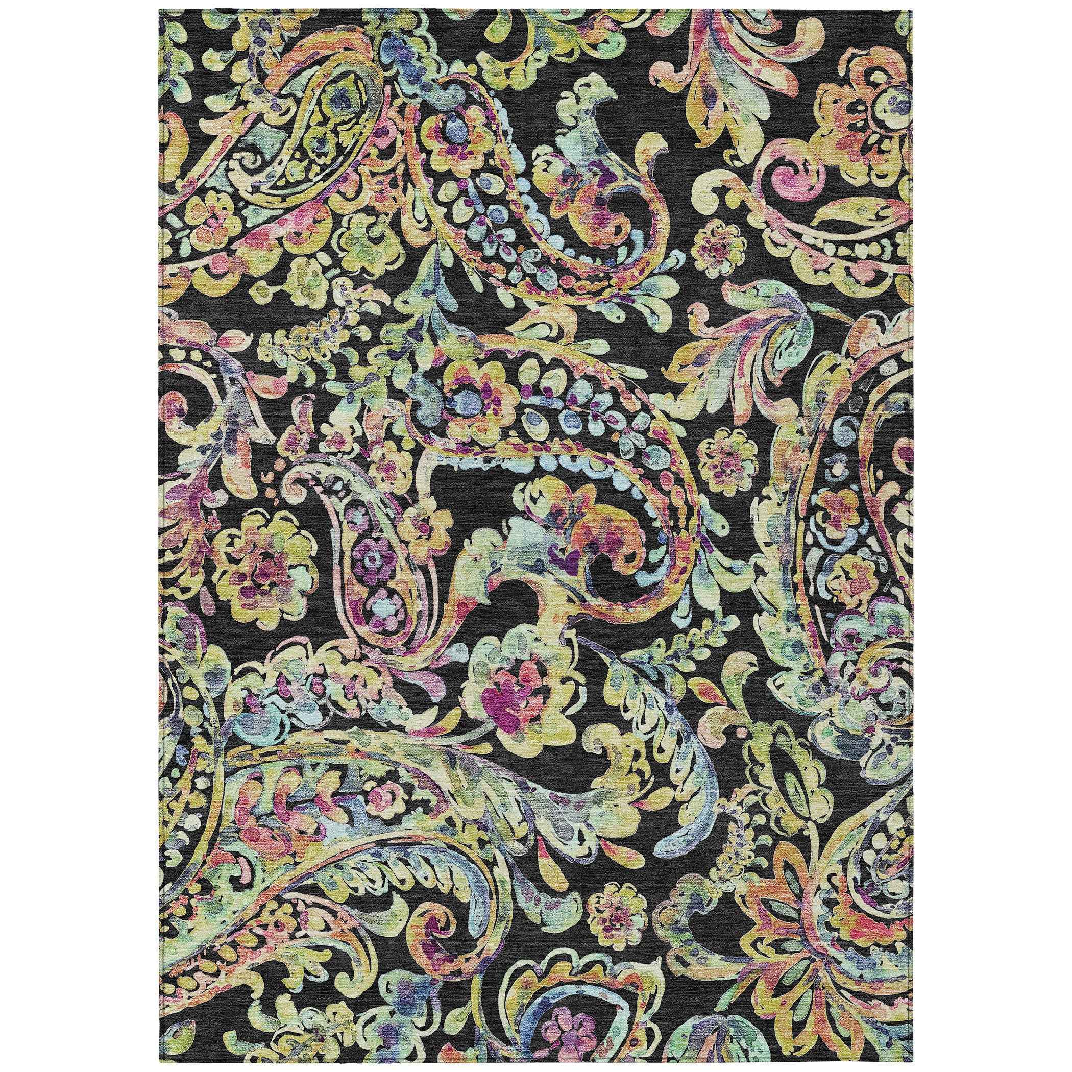 9' X 12' Black And Artichoke Green Paisley Washable Indoor Outdoor Area Rug