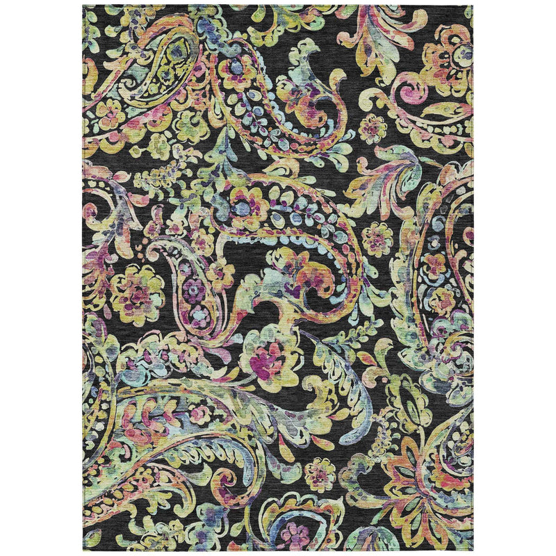 9' X 12' Black And Artichoke Green Paisley Washable Indoor Outdoor Area Rug