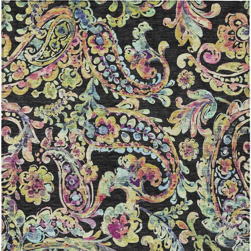9' X 12' Black And Artichoke Green Paisley Washable Indoor Outdoor Area Rug