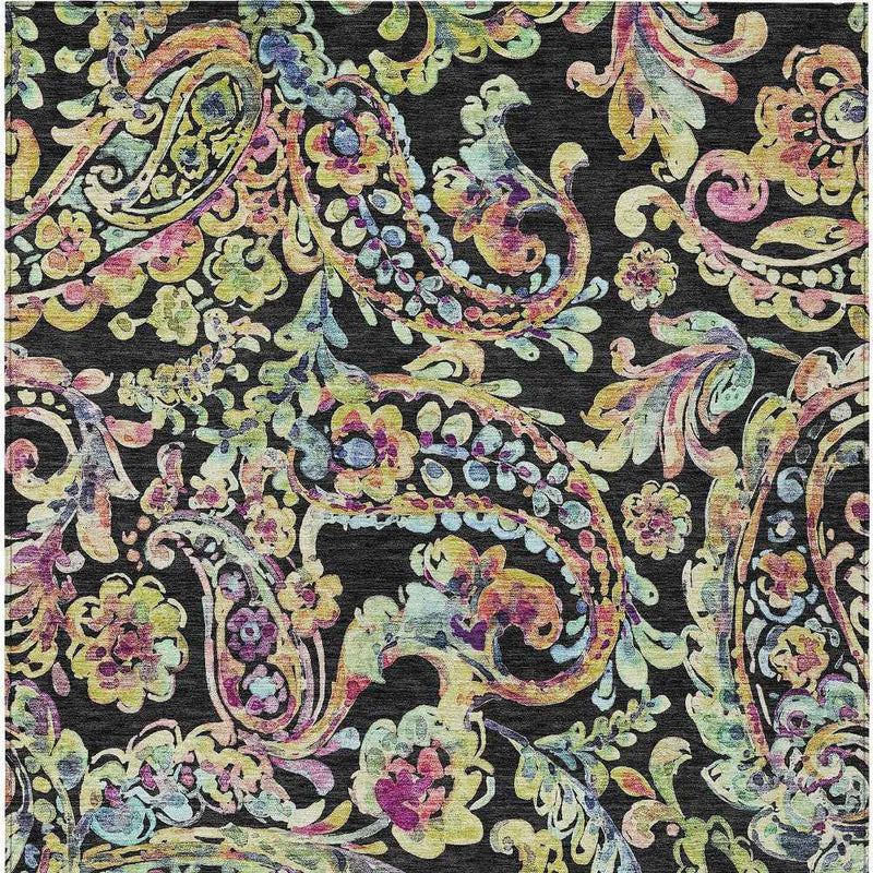 9' X 12' Black And Artichoke Green Paisley Washable Indoor Outdoor Area Rug