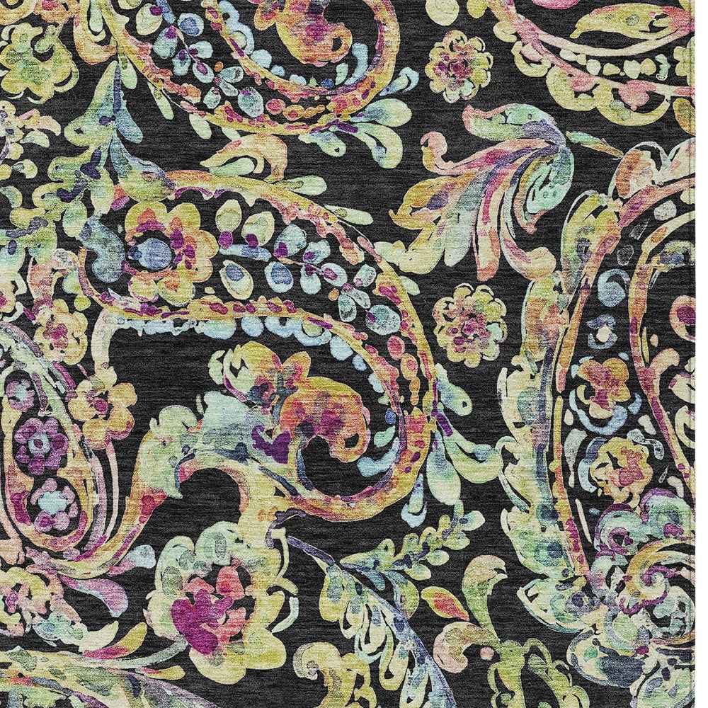 9' X 12' Black And Artichoke Green Paisley Washable Indoor Outdoor Area Rug
