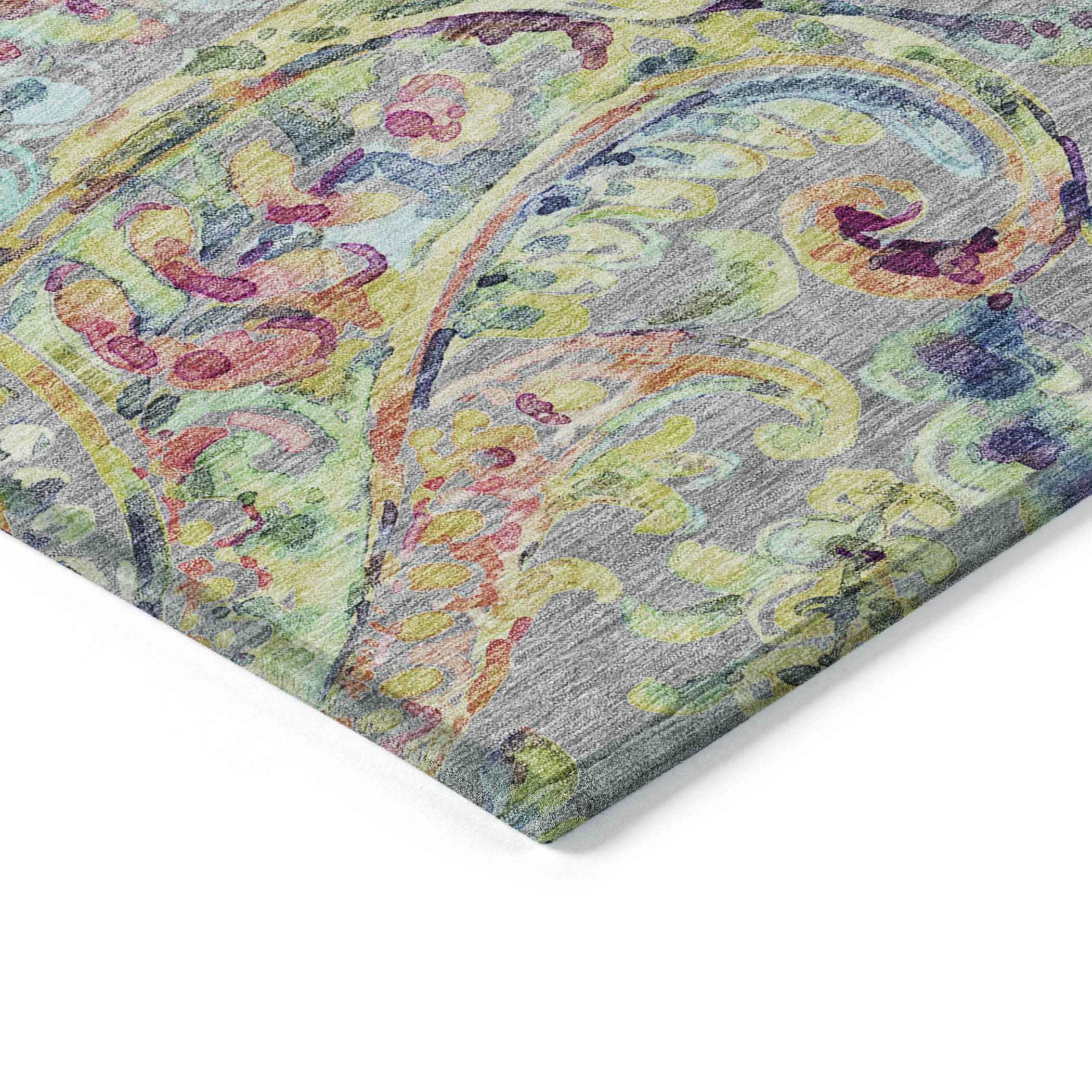 3' X 5' Gray Fern Green And Artichoke Green Paisley Washable Indoor Outdoor Area Rug