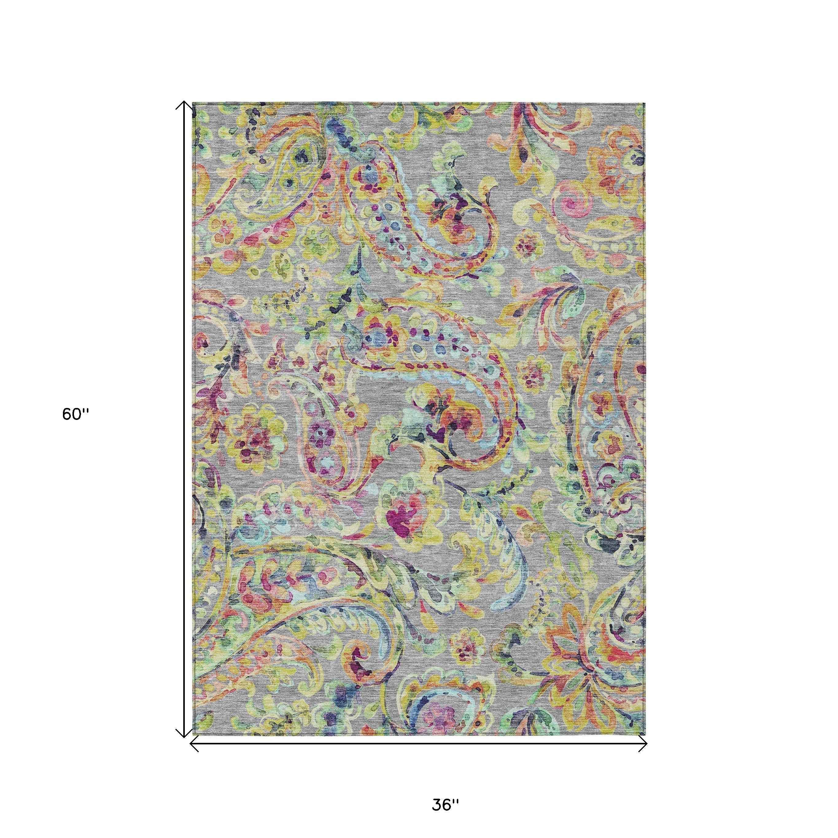 3' X 5' Gray Fern Green And Artichoke Green Paisley Washable Indoor Outdoor Area Rug