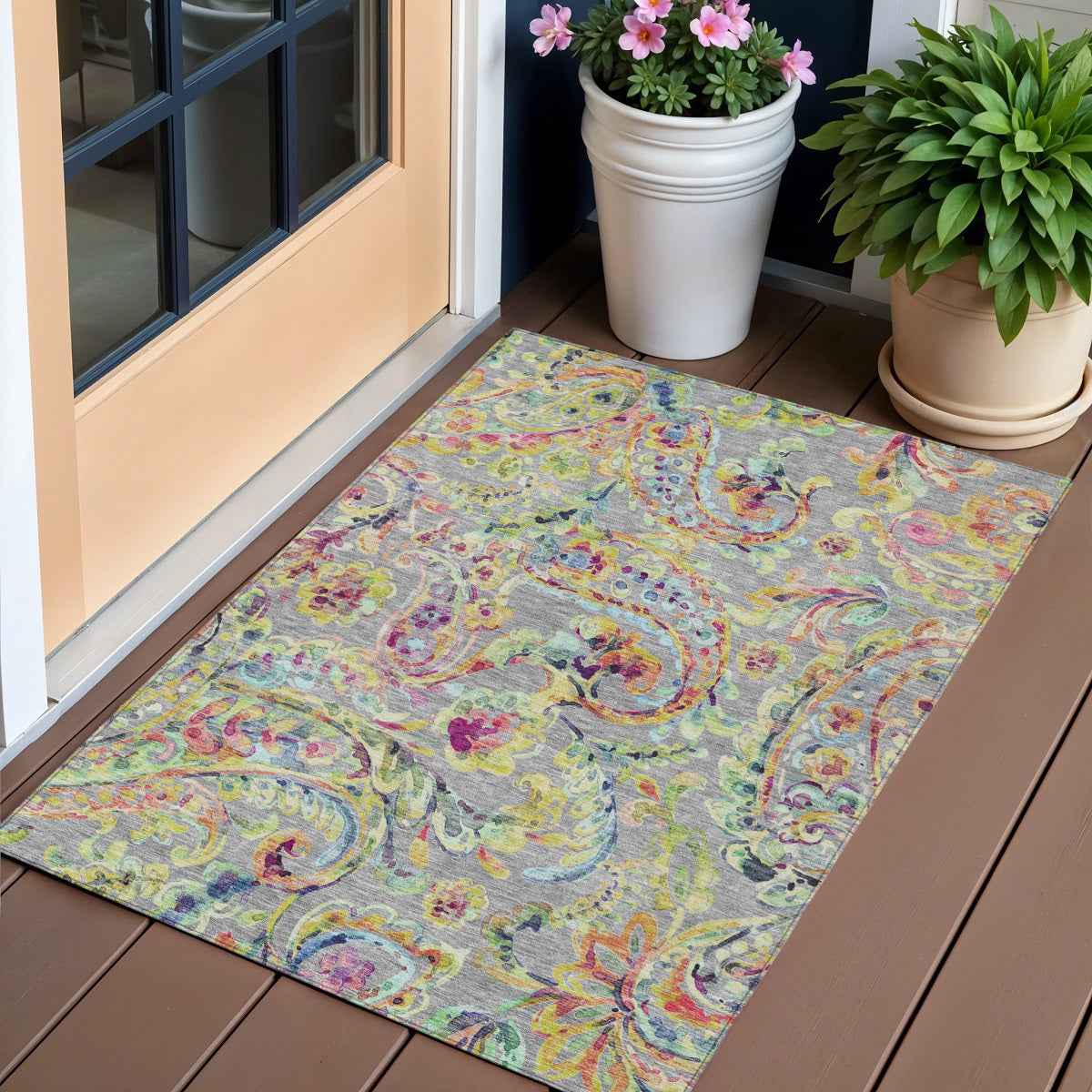 3' X 5' Gray Fern Green And Artichoke Green Paisley Washable Indoor Outdoor Area Rug