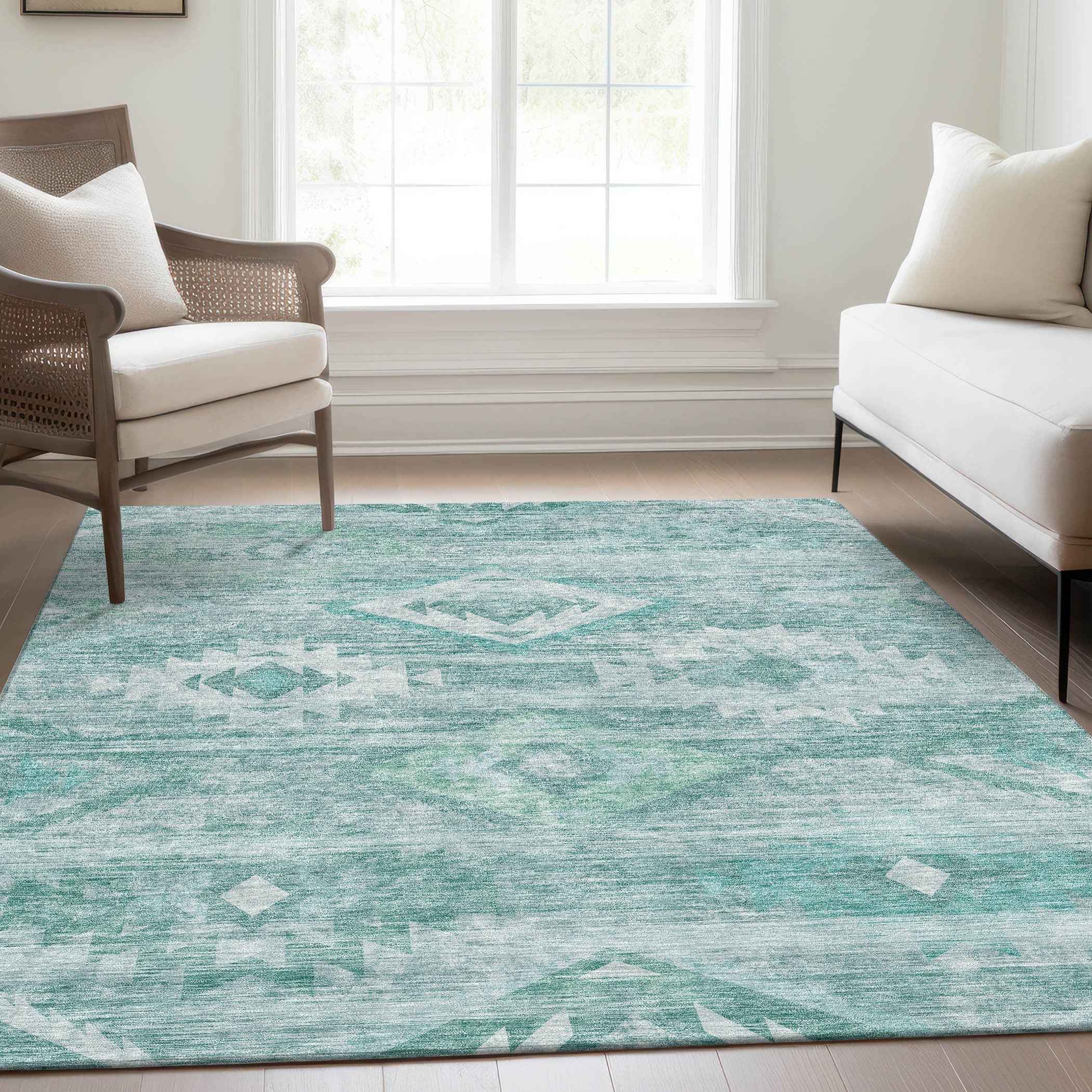 5' X 8' Aqua Turquoise And Ivory Southwestern Washable Indoor Outdoor Area Rug