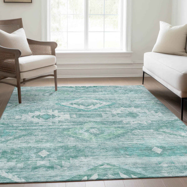 5' X 8' Aqua Turquoise And Ivory Southwestern Washable Indoor Outdoor Area Rug