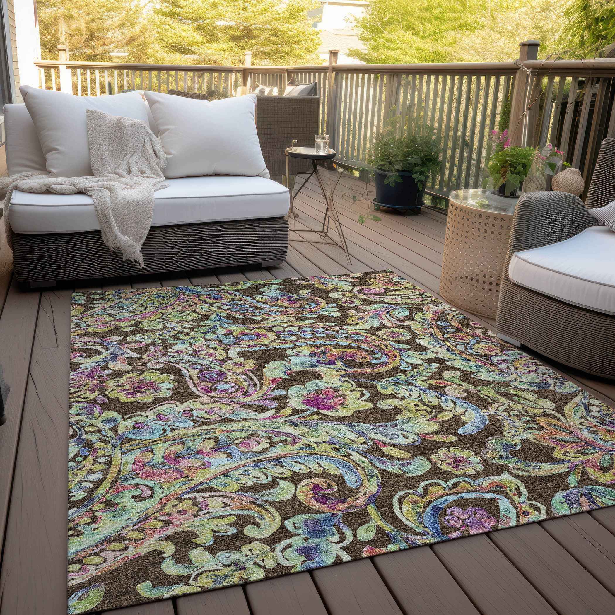 5' X 8' Chocolate And Artichoke Green Paisley Washable Indoor Outdoor Area Rug
