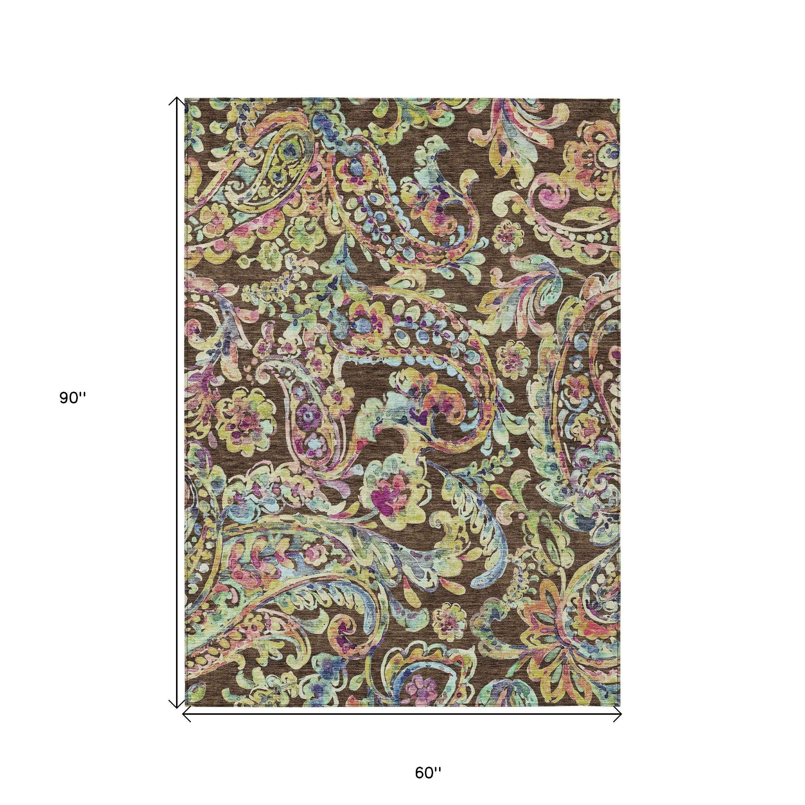 5' X 8' Chocolate And Artichoke Green Paisley Washable Indoor Outdoor Area Rug