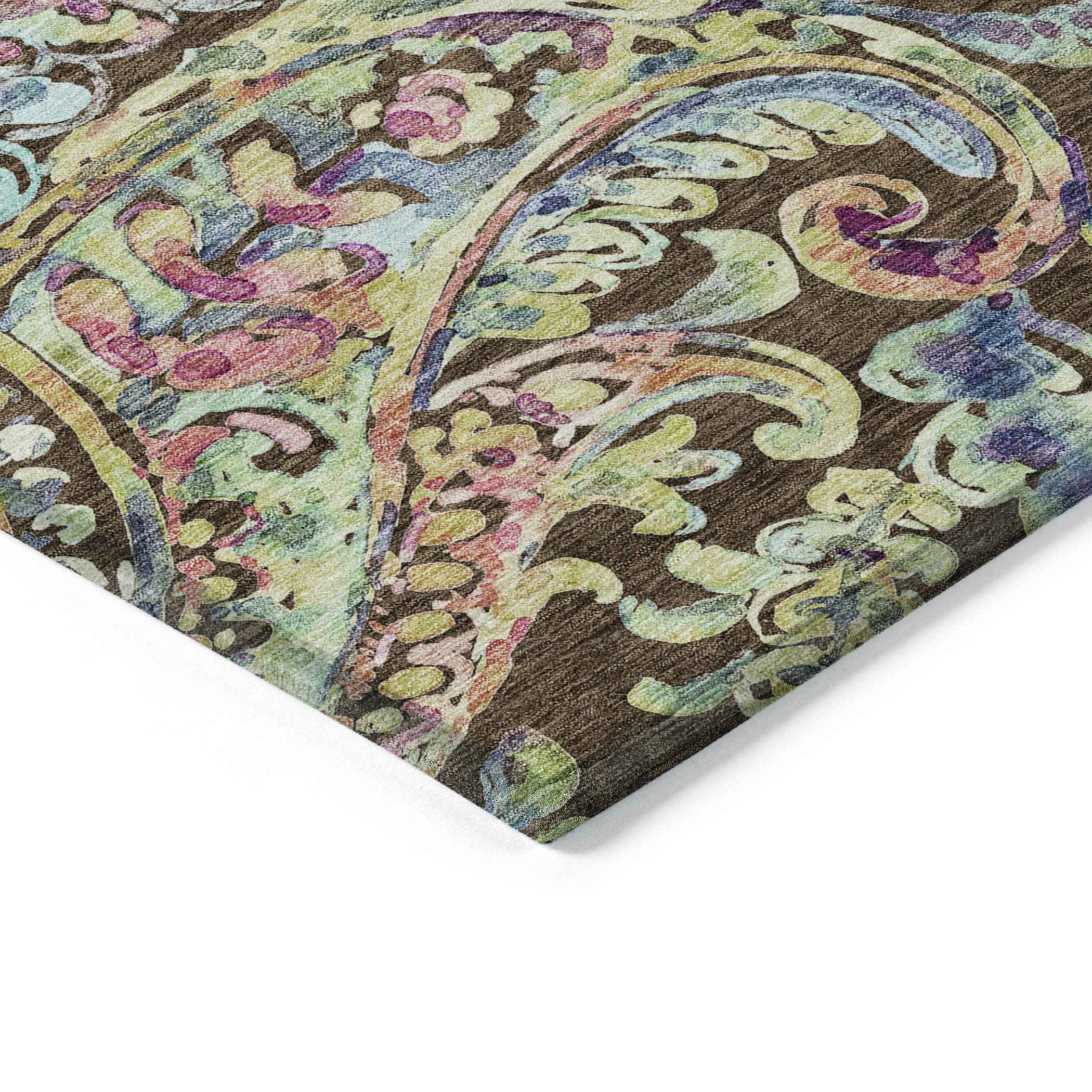 5' X 8' Chocolate And Artichoke Green Paisley Washable Indoor Outdoor Area Rug