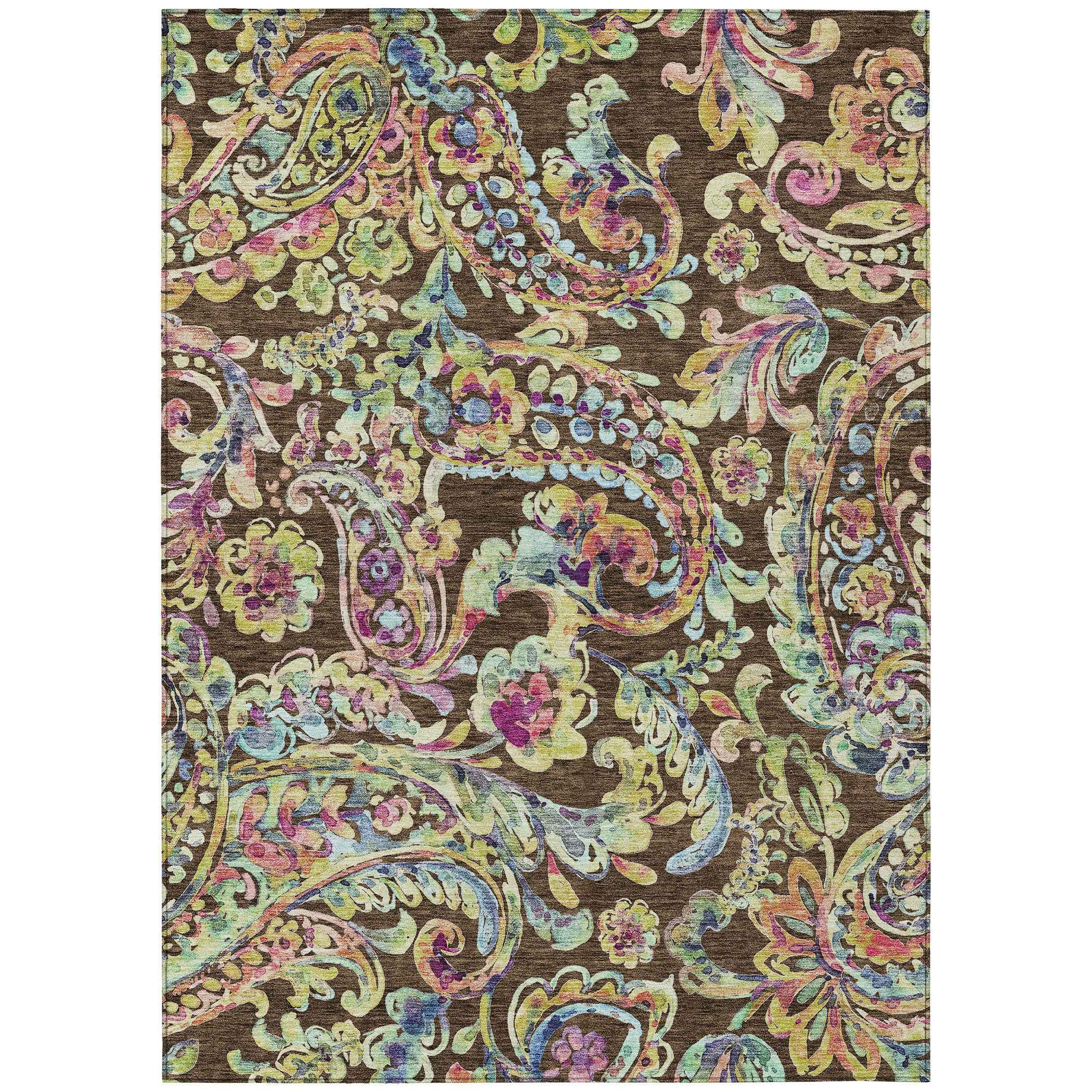 5' X 8' Chocolate And Artichoke Green Paisley Washable Indoor Outdoor Area Rug
