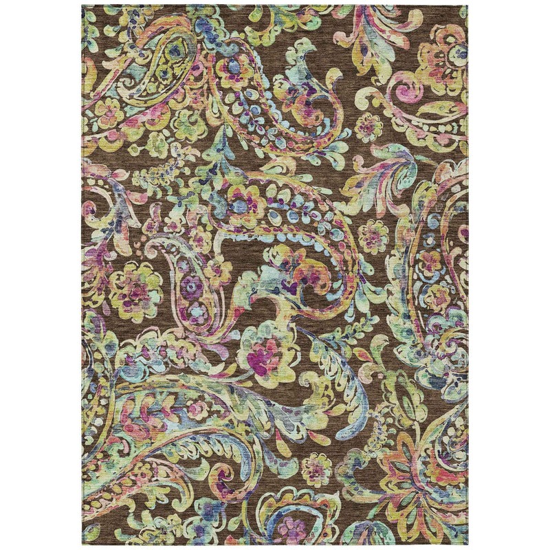 5' X 8' Chocolate And Artichoke Green Paisley Washable Indoor Outdoor Area Rug