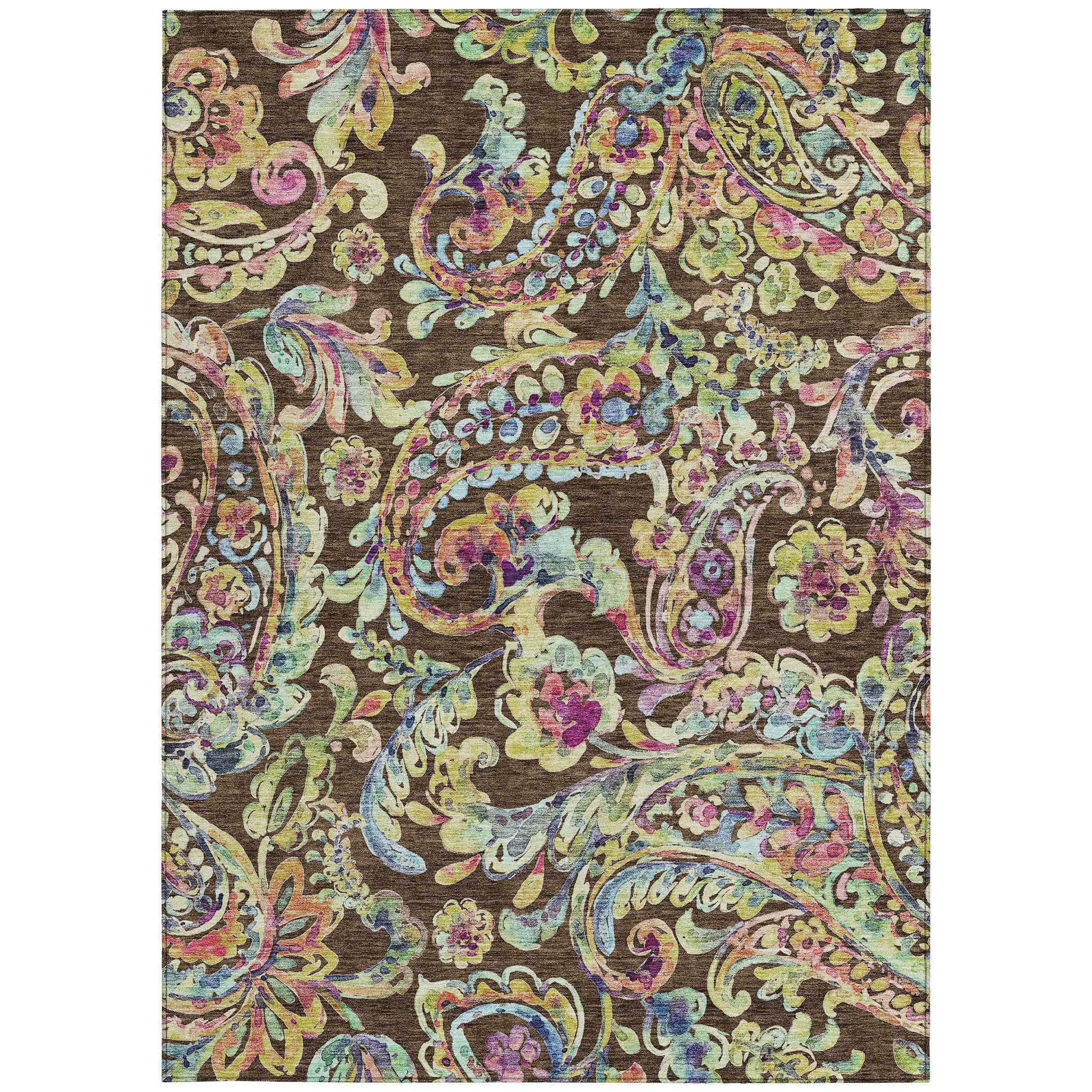 5' X 8' Chocolate And Artichoke Green Paisley Washable Indoor Outdoor Area Rug