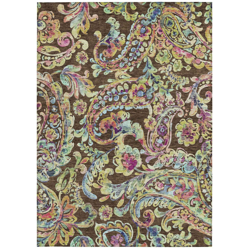 5' X 8' Chocolate And Artichoke Green Paisley Washable Indoor Outdoor Area Rug